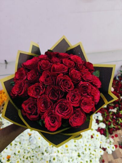 30 Red Roses in Black Paper Packing