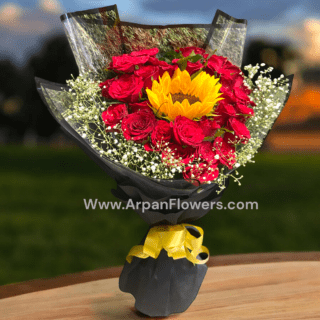 Sunflower With Red Rose Bouquet