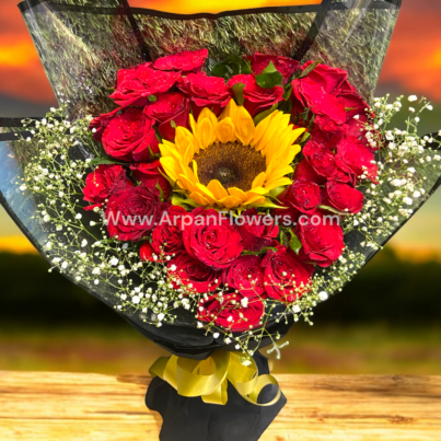 Sunflower With Red Rose Bouquet - Image 2
