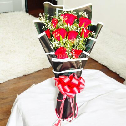 Red Rose Bouquet with Black Paper and Babys Breath