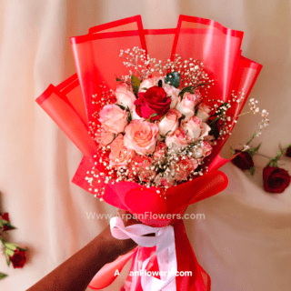Pink Rose Bouquet with Red Paper