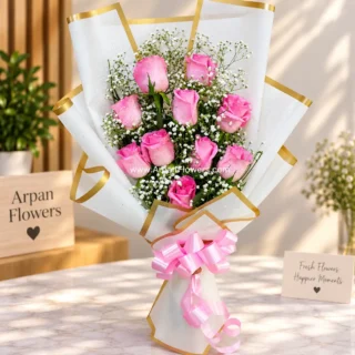 Pink Rose Bouquet in White paper