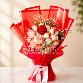 Pink Rose Bouquet with Red Paper