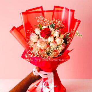 Pink Rose Bouquet with Red Paper