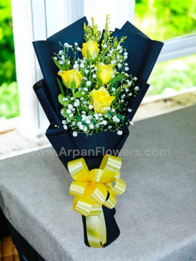 Yellow Rose in Black paper Bouquet - Image 2