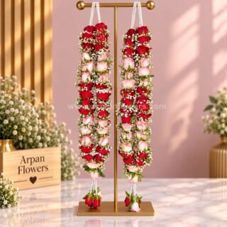 Jumeliya Pink & Red Rose Varmala with Baby's Breath