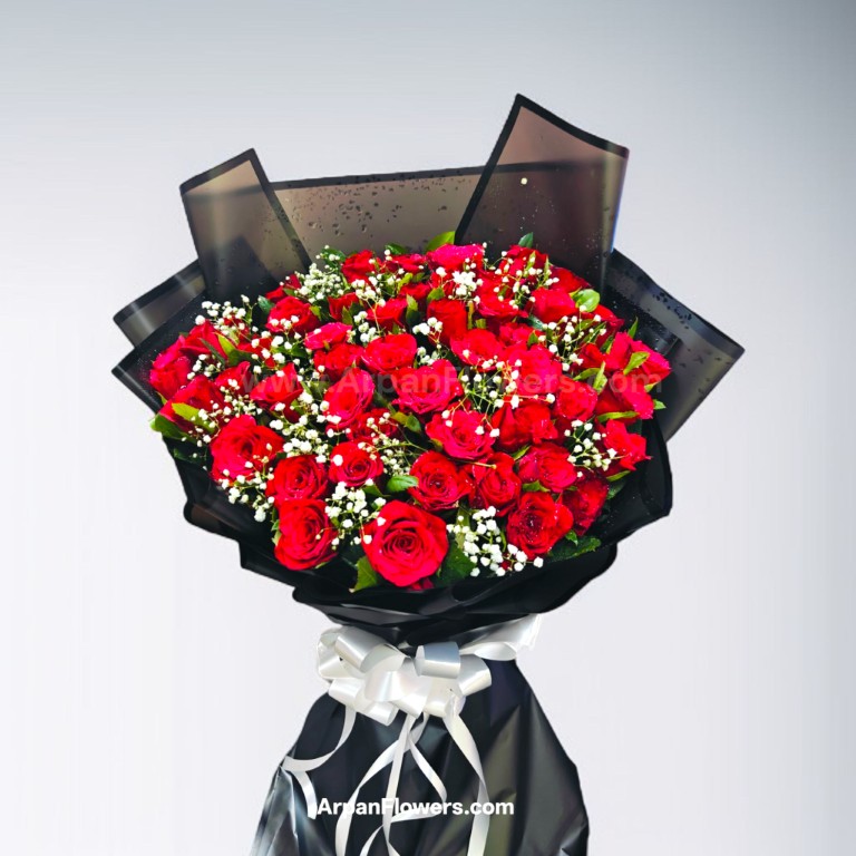 50 Red Rose Fresh Bouquet with Black Paper 1 45 Red Rose Bouquet With Red Paper Paking