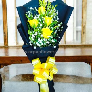 Yellow Rose in Black paper Bouquet