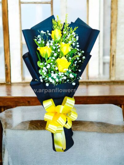Yellow Rose in Black paper Bouquet