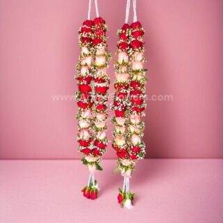 Jumeliya Pink & Red Rose Varmala with Baby's Breath