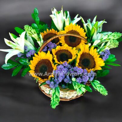 Sun Flowers in Basket With Lilies Bouquet