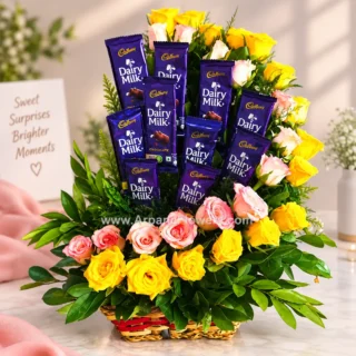 Yellow and Pink Rose in Basket With chocolate