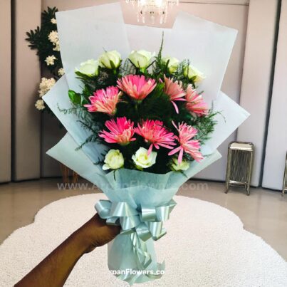 White Rose with Pink Jerbera Bouquet - Image 2