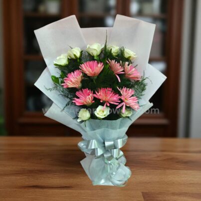 White Rose with Pink Jerbera Bouquet