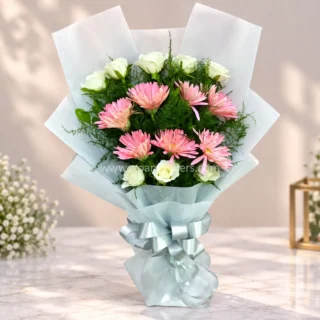 White Rose with Pink Jerbera Bouquet