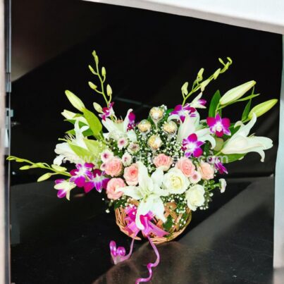 Lily And Orchid in Basket Bouquet - Image 3