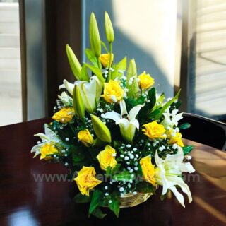 White Lily with Yellow Rose in a Basket