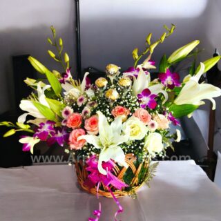 Lily And Orchid in Basket Bouquet