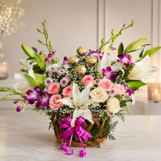 Lily And Orchid in Basket Bouquet