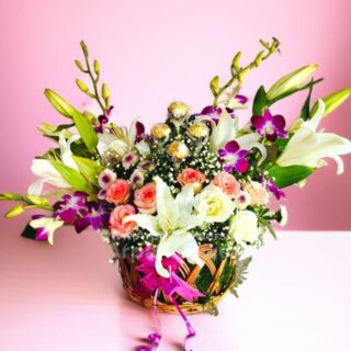 Lily And Orchid in Basket Bouquet