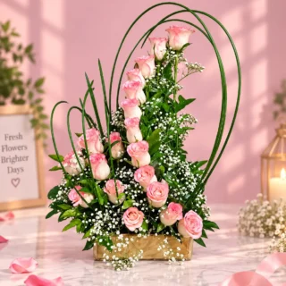 Pink Rose Bouquet in Basket