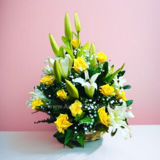 White-Lily-with-Yellow-Rose-in-a-Basket