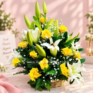 White Lily with Yellow Rose in a Basket