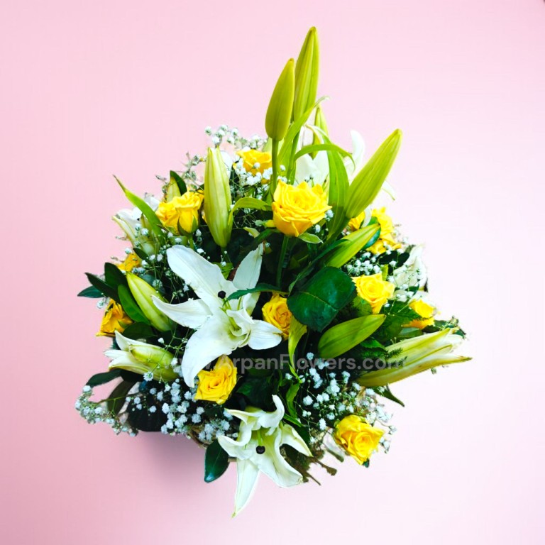 White Lily with Yellow Rose in a Basket 2 White-Lily-with-Yellow-Rose-in-a-Basket