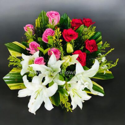 White Lily and Rose In Basket