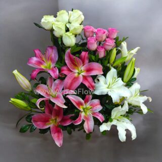 Pink And White Lily With Rose in Basket