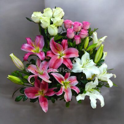 Pink And White Lily With Rose in Basket