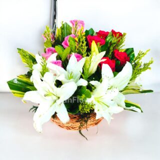 White Lily and Rose In Basket