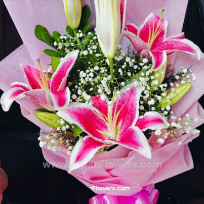Pink Lily Bouquet with Baby's breath - Image 2