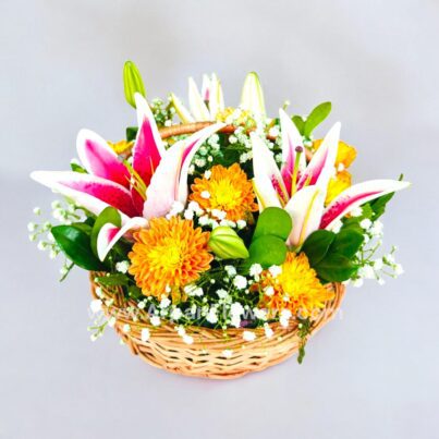 Small Basket Bouquet With Pink Lily - Image 2