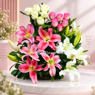 Pink And White Lily With Rose in Basket
