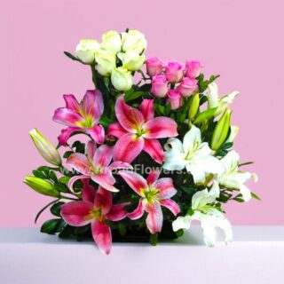 Pink And White Lily With Rose in Basket