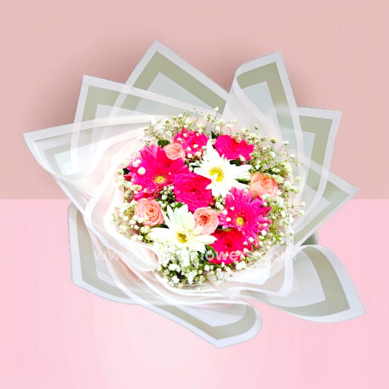 Pink & White Mixed Flower Bouquet with Roses and Gerberas 1 Pink & White Mixed Flower Bouquet with Roses and Gerberas