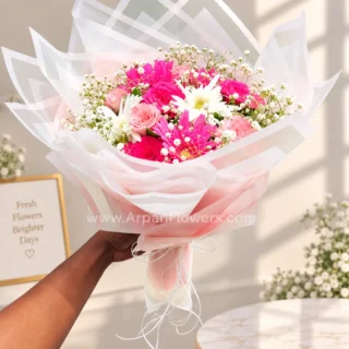 Pink & White Mixed Flower Bouquet with Roses and Gerberas