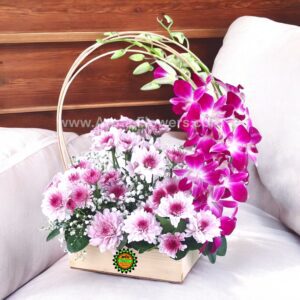 Orchid Bouquet With Mums In Basket 16 PurpleOrchidinBasketByArpanFlowers