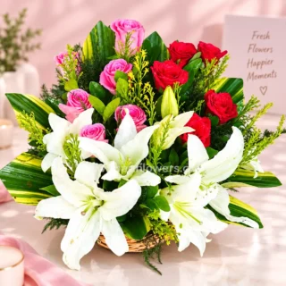 White Lily and Rose In Basket