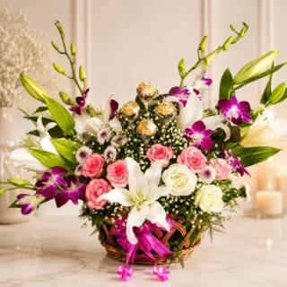 Lily And Orchid in Basket Bouquet (