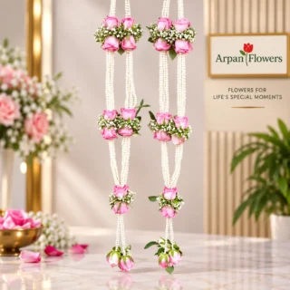 Pink Rose and Artificial Moti Varmala or Jaimala