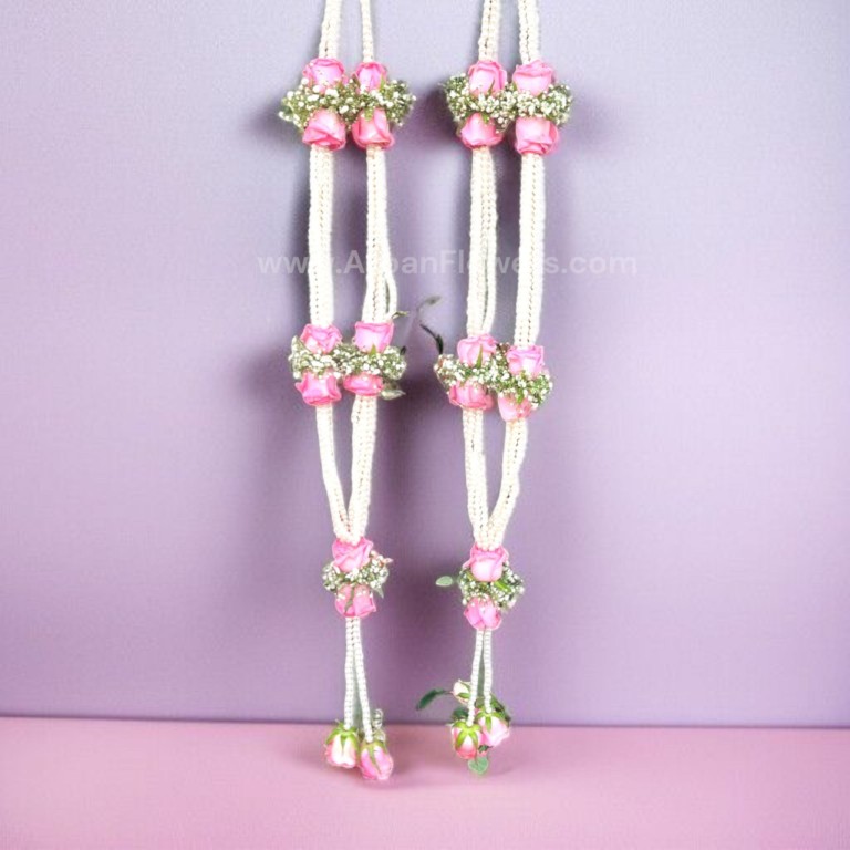 Pink Rose and Artificial Moti Varmala or Jaimala 1 Pink Rose and White Mums with Baby's Breath Varmala or Jaimala