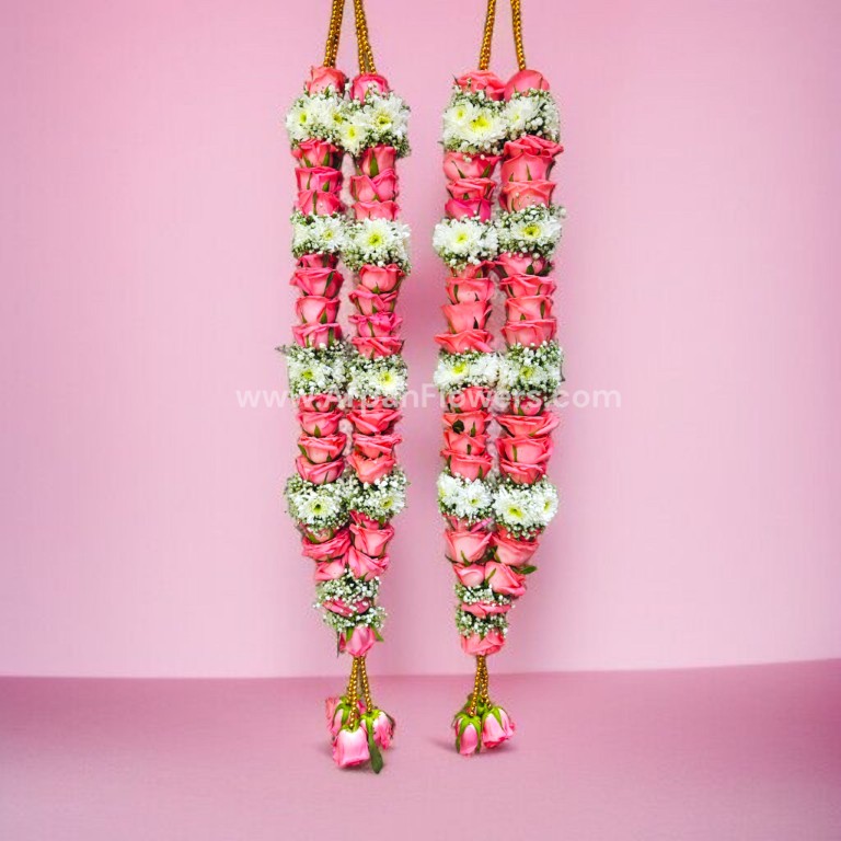 Pink Rose and White Mums with Baby's Breath Varmala or Jaimala 1 Pink Rose and Artificial Moti Varmala or Jaimala