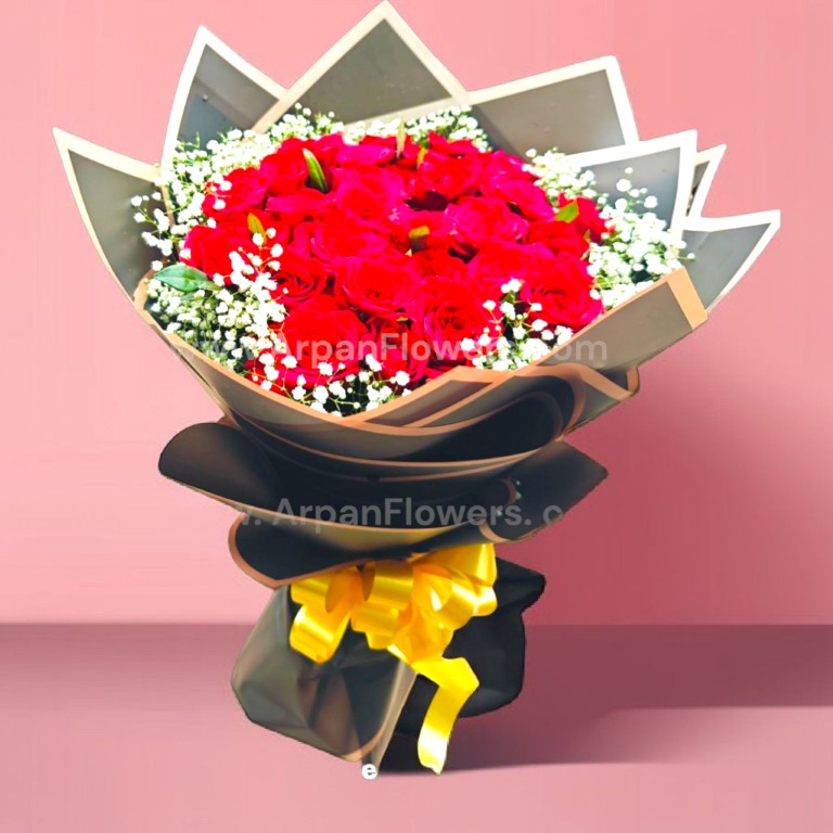 Red Rose Bouquet With Baby's Breath 1 Red Rose Bouquet With Baby's Breath