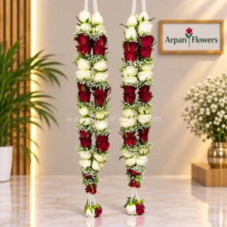 Red and White rose With Baby’s Breath Varmala or Jaimala