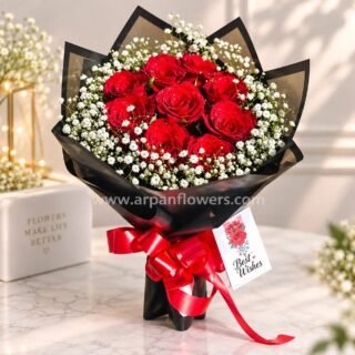 Red Rose or Baby's Breath in Black Paper