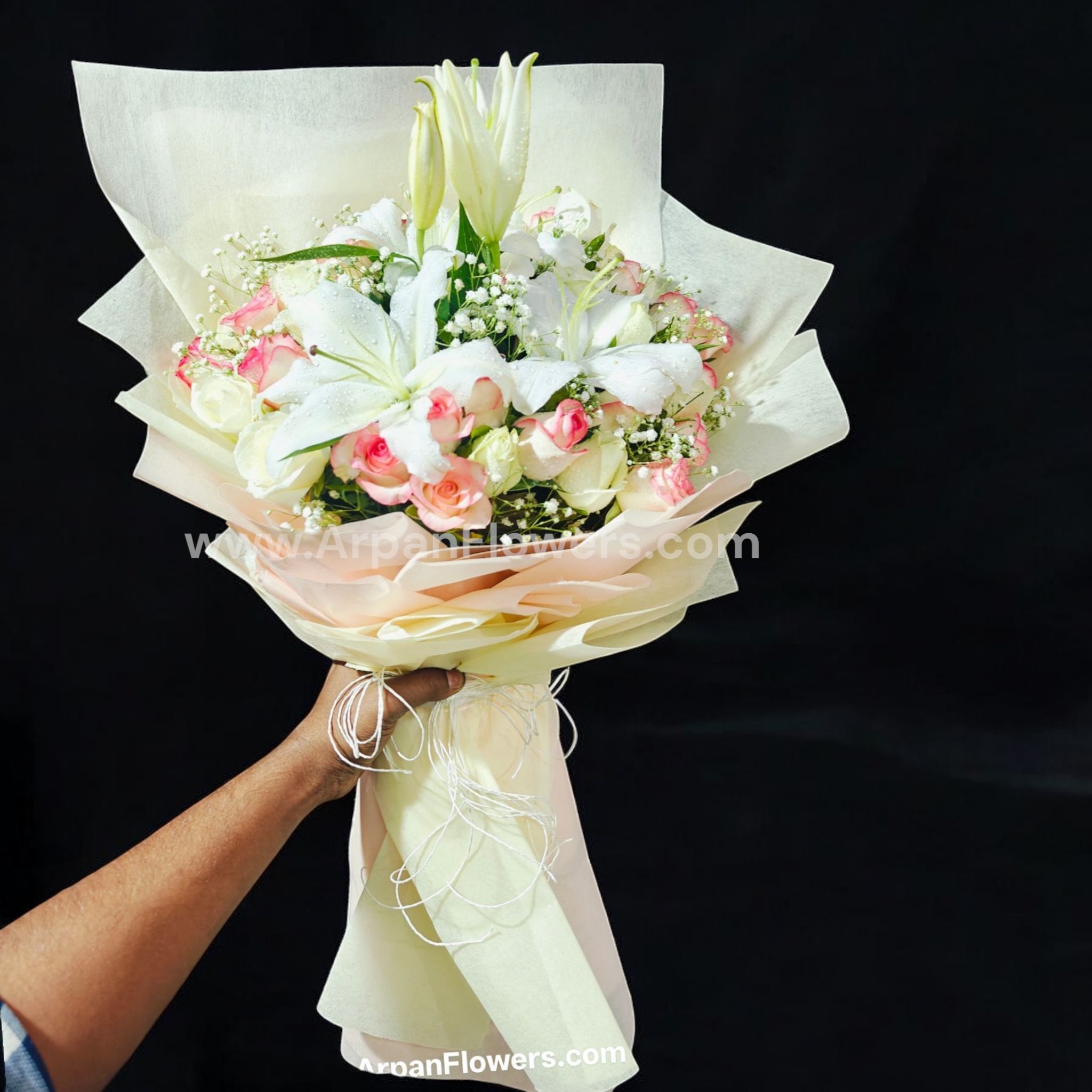 White Lily with Pink Rose Bouquet 1 White Lily with Pink Rose Bouquet