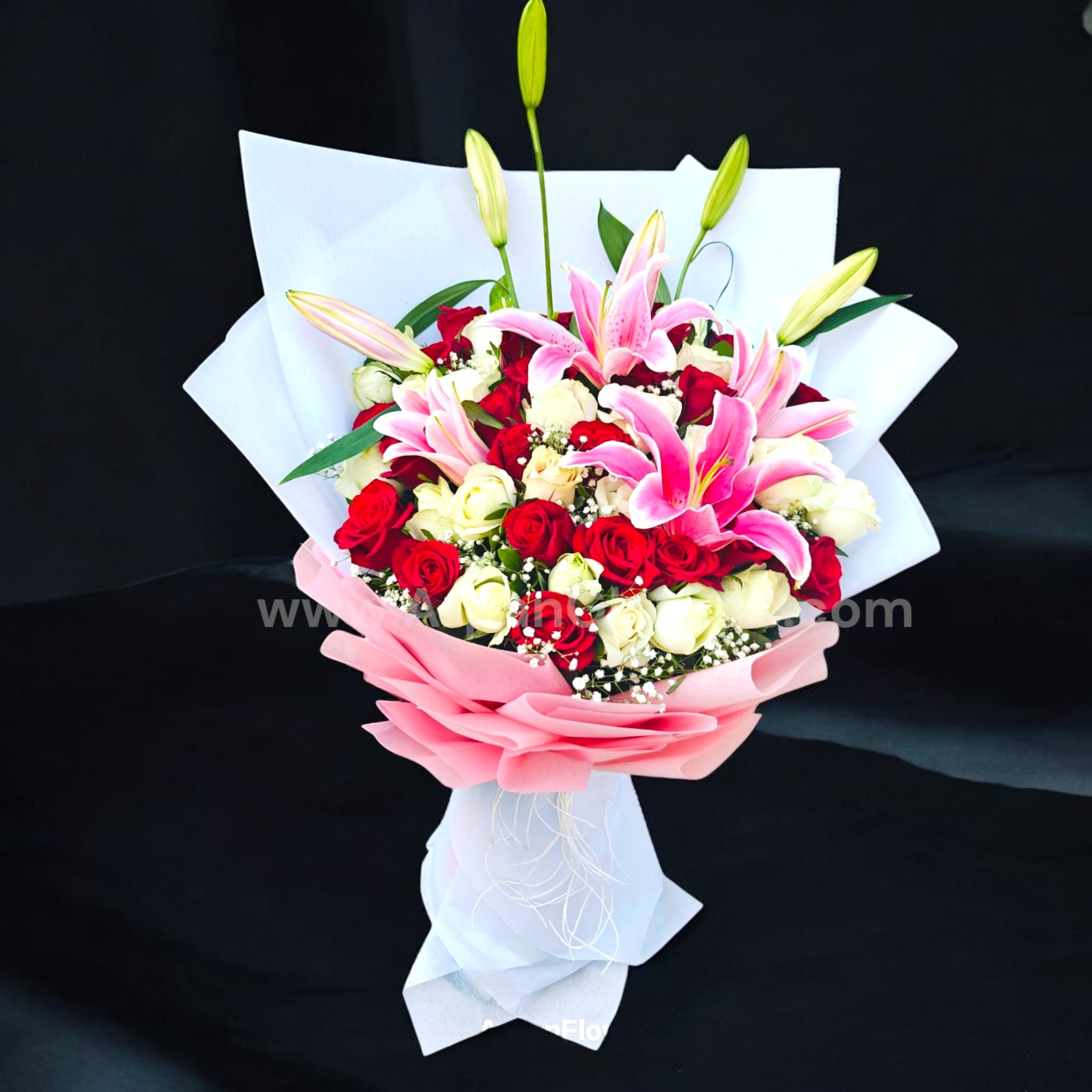 Pink Lily with White and Red Rose Bouquet 1 Pink Lily with White and Red Rose Bouquet