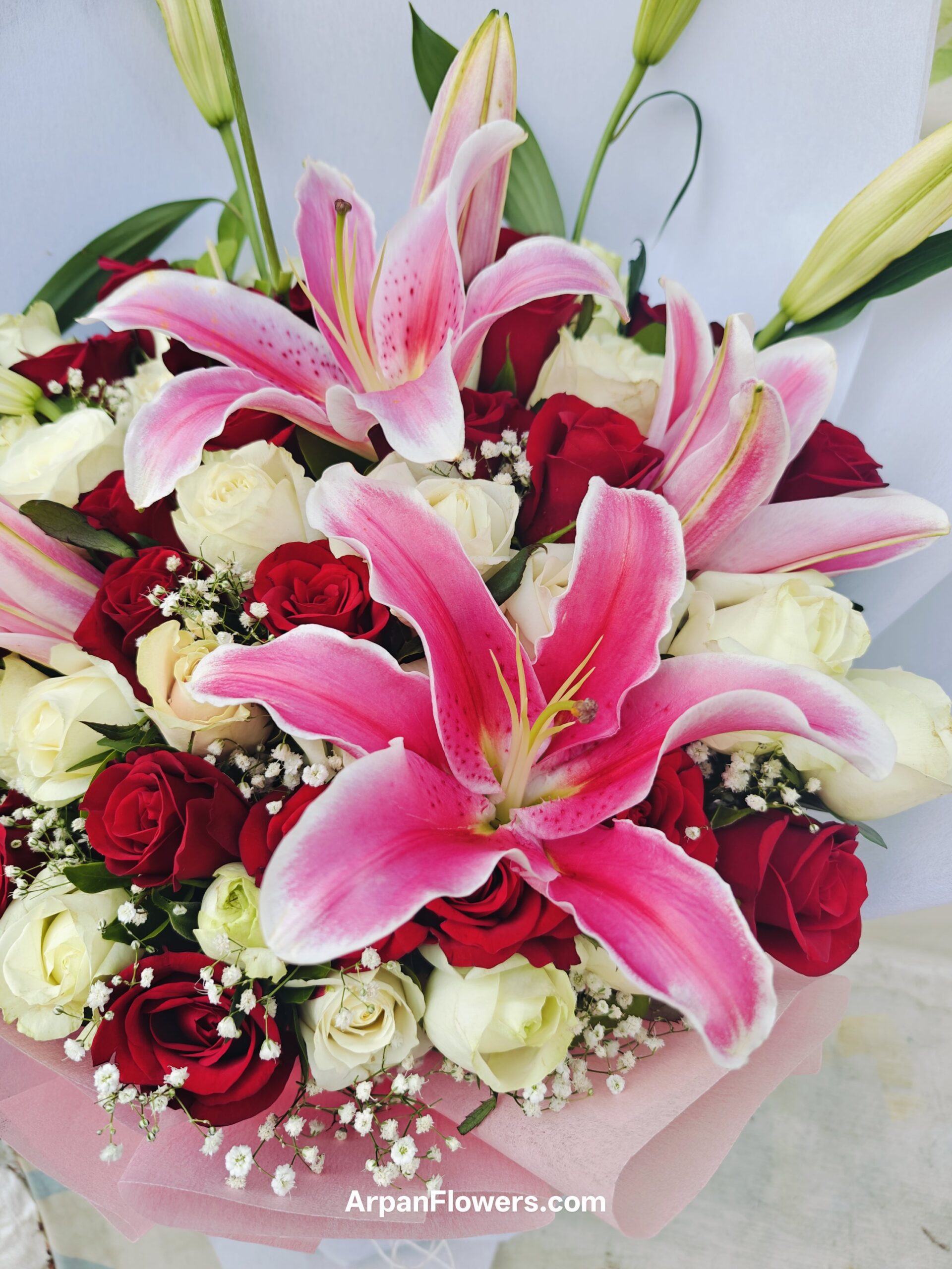 Pink Lily with White and Red Rose Bouquet 2 Pink Lily with White and Red Rose Bouquet